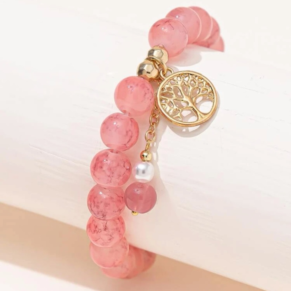 Pack of 2 Pink tree charm beaded bracelet